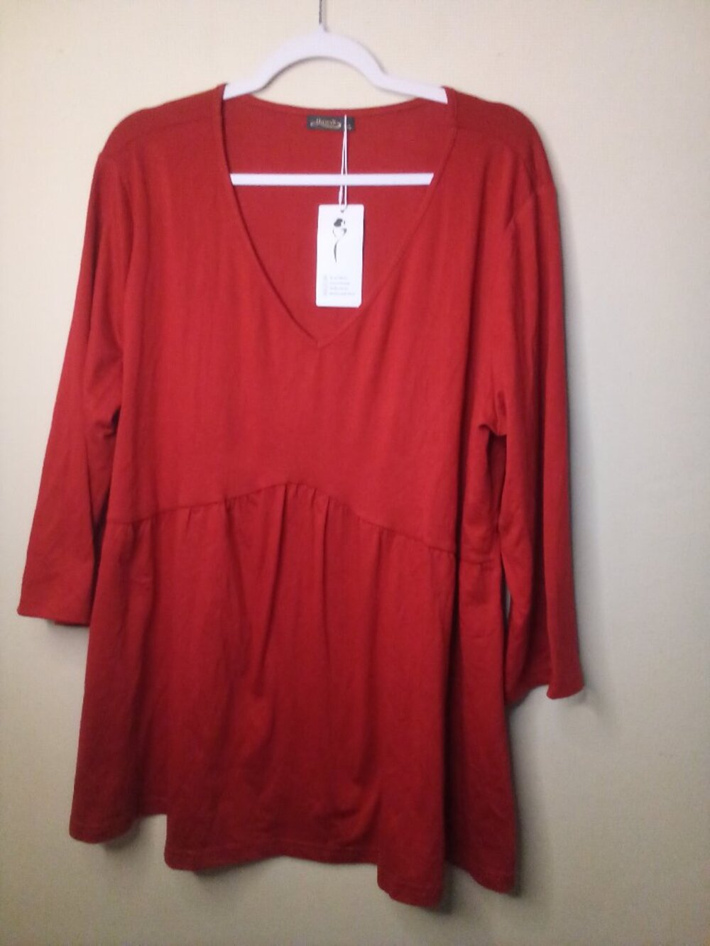 Ofeefan Shirt Women XXL 3/4 Sleeve Babydoll V-Neck Red